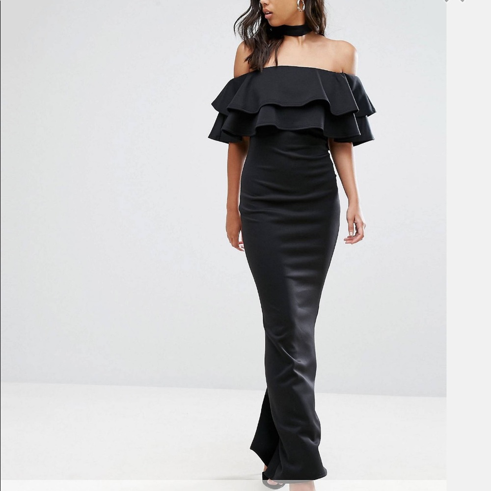 Club L Bardot Frill Maxi Black Dress